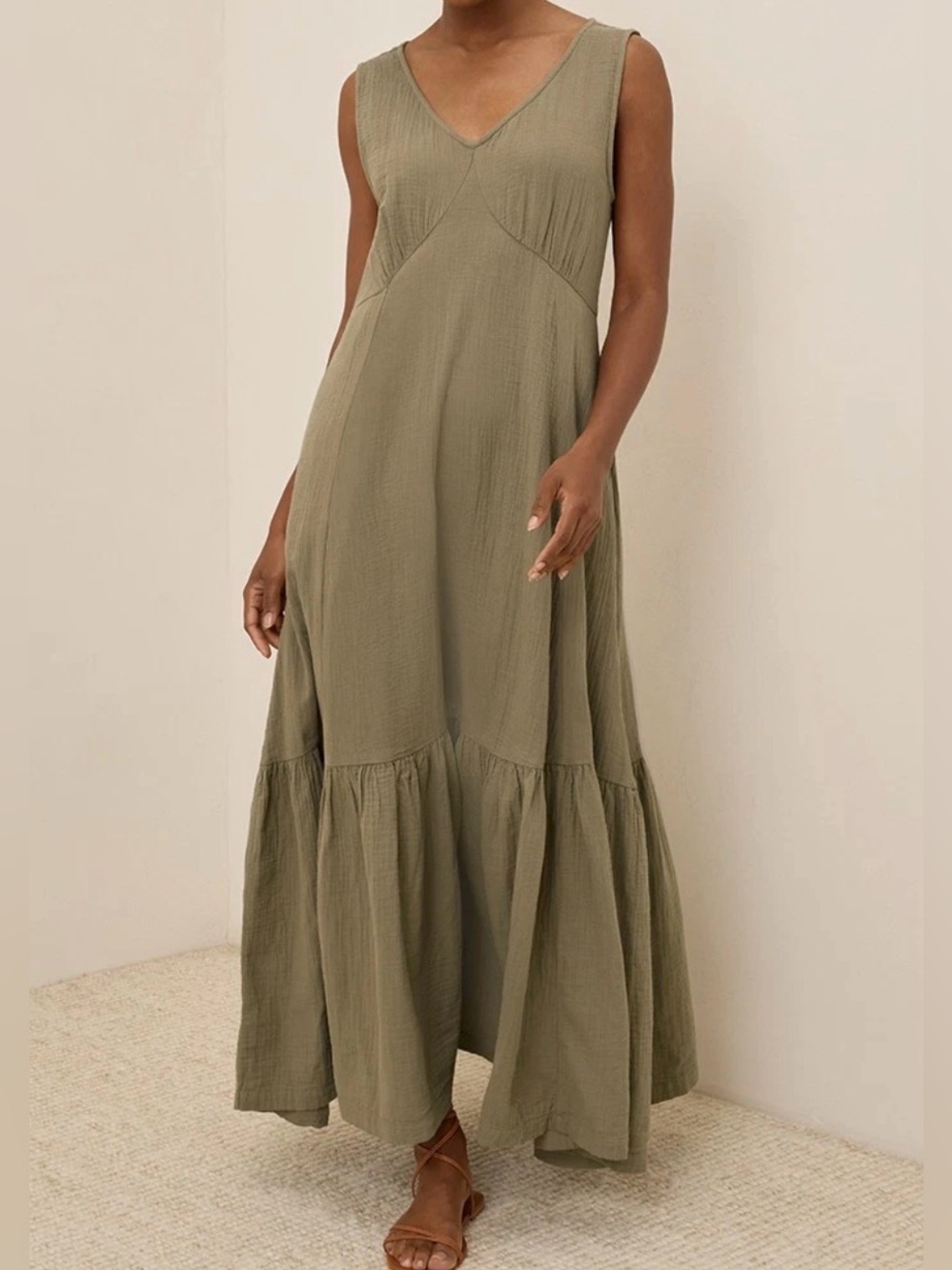 Pact Women’s Large Coastal Double Gauze Maxi Dress Khaki Green Beach To Brunch